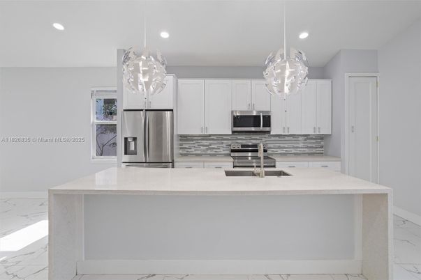Interior, Kitchen, Marble, Pendant Lights, Recessed Lighting, Stainless Steel Appliances