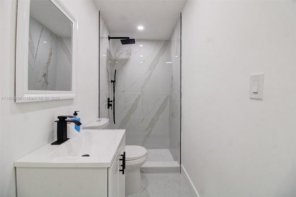 Bathroom, Glass Shower, Interior, Marble Walls, Recessed Lighting