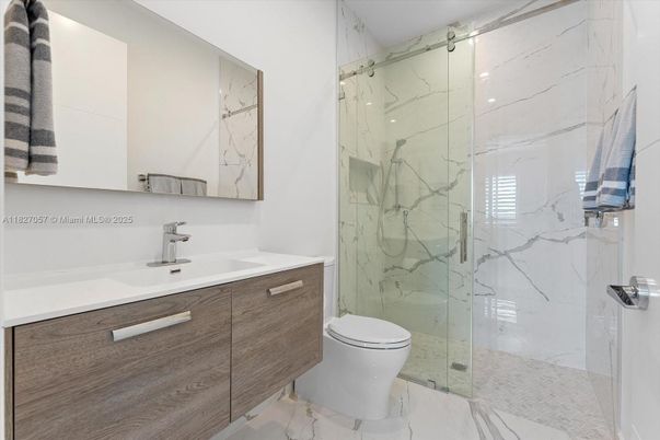 Bathroom, Glass Shower, Interior, Marble, Marble Walls, Recessed Lighting