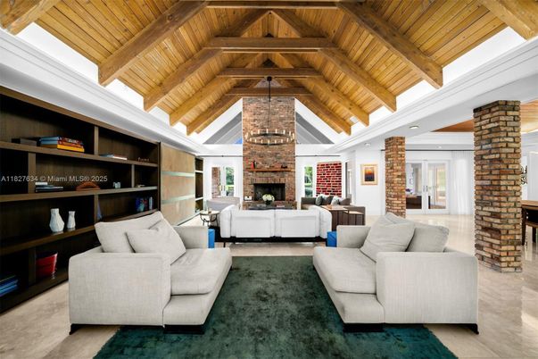 Fireplace, Interior, Living room, Recessed Lighting, Stone Walls, Wooden Beams, Wooden Ceilings