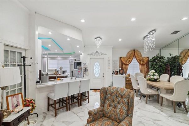 Chandelier, Dining room, Interior, Kitchen, Living room, Marble, Pendant Lights, Recessed Lighting