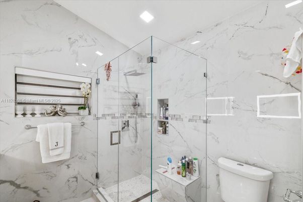Bathroom, Glass Shower, Interior, Marble Walls, Recessed Lighting