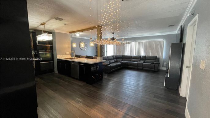 Interior, Kitchen, Living room, Pendant Lights, Wood Texture Flooring