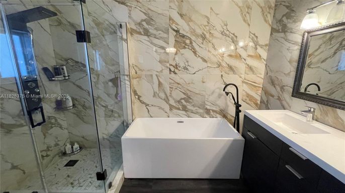 Bathroom, Free Standing Baths, Glass Shower, Interior, Marble Walls
