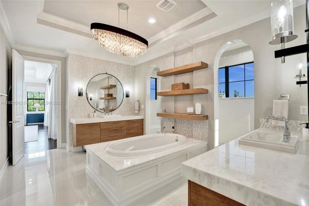 Bathroom, Chandelier, Dual Sink Vanities, Interior, Recessed Lighting