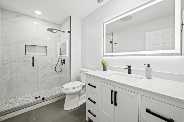 Bathroom, Glass Shower, Interior, Marble Walls, Recessed Lighting