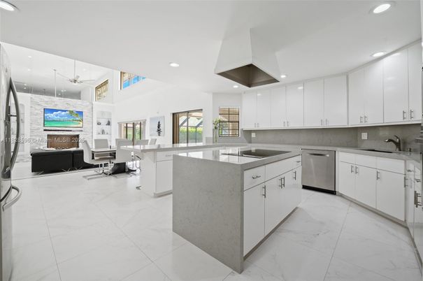 Dining room, Interior, Kitchen, Living room, Marble, Pendant Lights, Recessed Lighting, Stainless Steel Appliances
