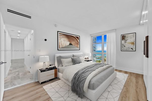 Bedroom, Interior, Marble, Recessed Lighting, Water, Wood Texture Flooring