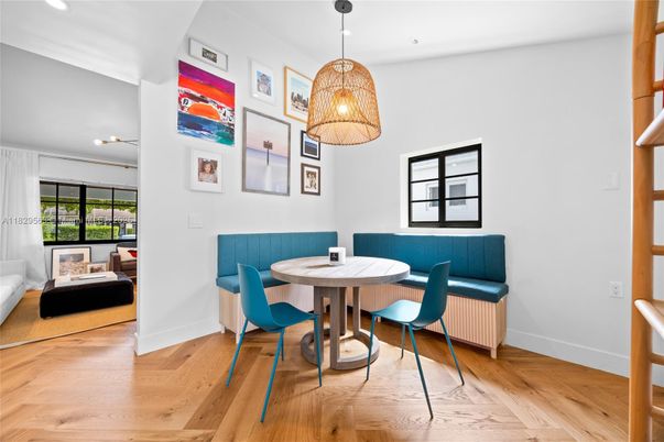 Dining room, Interior, Pendant Lights, Recessed Lighting, Wood Texture Flooring