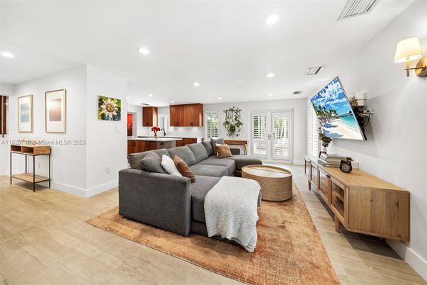 Interior, Kitchen, Living room, Recessed Lighting, Wood Texture Flooring