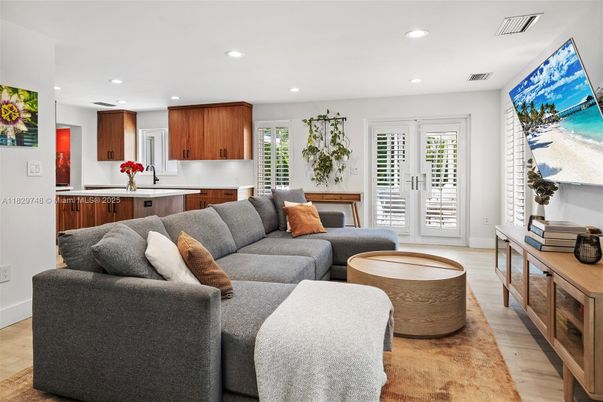 Interior, Kitchen, Living room, Recessed Lighting, Wood Texture Flooring
