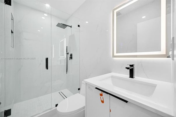 Bathroom, Glass Shower, Interior, Marble Walls, Recessed Lighting