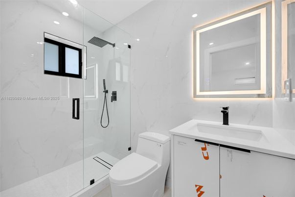 Bathroom, Glass Shower, Interior, Marble Walls, Recessed Lighting