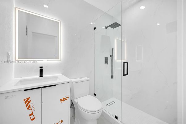 Bathroom, Glass Shower, Interior, Marble Walls, Recessed Lighting