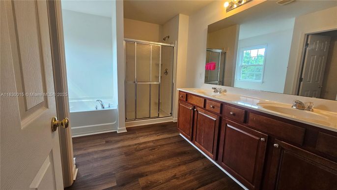 Bathroom, Dual Sink Vanities, Glass Shower, Interior, Wood Texture Flooring