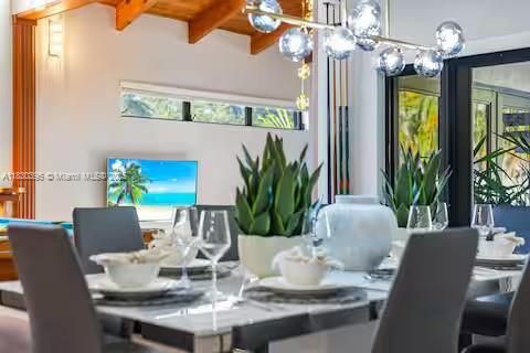 Dining room, Interior, Pendant Lights, Wooden Beams