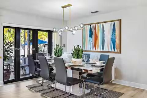 Dining room, Interior, Pendant Lights, Wood Texture Flooring