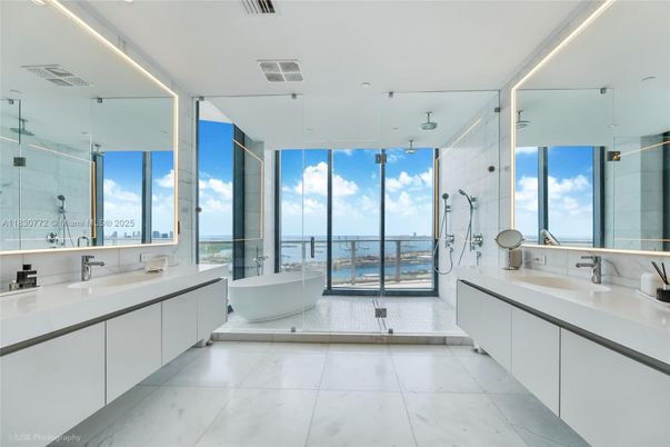 Bathroom, Dual Sink Vanities, Free Standing Baths, Glass Shower, Interior, Marble, Recessed Lighting, Water