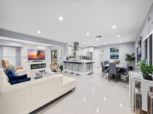 Dining room, Fireplace, Interior, Kitchen, Living room, Recessed Lighting, Stainless Steel Appliances