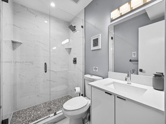 Bathroom, Glass Shower, Interior, Marble Walls, Recessed Lighting
