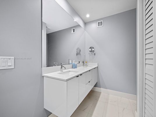 Bathroom, Dual Sink Vanities, Interior, Marble, Recessed Lighting