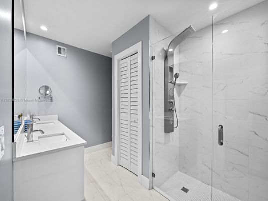 Bathroom, Glass Shower, Interior, Marble, Marble Walls, Recessed Lighting