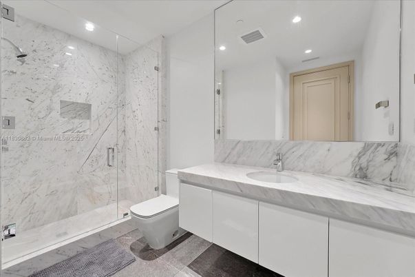 Bathroom, Glass Shower, Interior, Marble Walls, Recessed Lighting