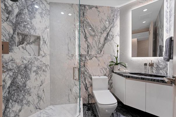 Bathroom, Glass Shower, Interior, Marble, Marble Walls, Recessed Lighting