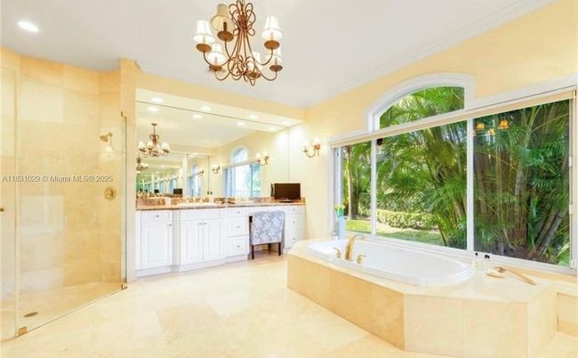 Bathroom, Chandelier, Glass Shower, Interior, Recessed Lighting