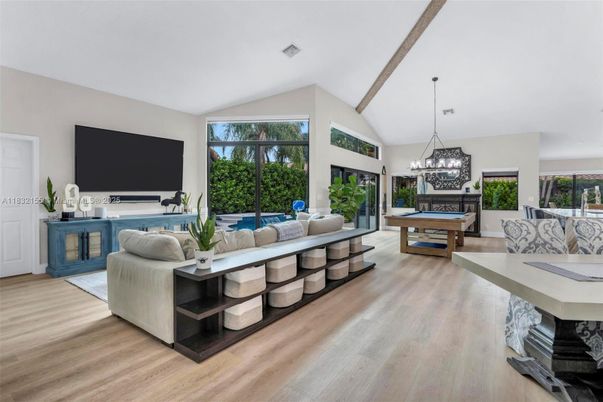 Billiard Table, Chandelier, Game Room, Interior, Living room, Pendant Lights, Wooden Beams, Wood Texture Flooring
