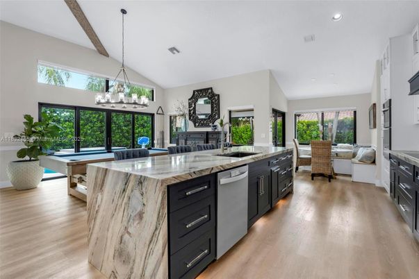 Chandelier, Dining room, Interior, Kitchen, Living room, Recessed Lighting, Wooden Beams, Wood Texture Flooring