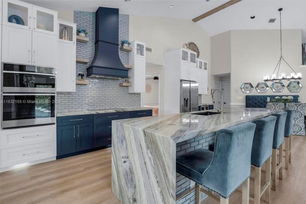 Interior, Kitchen, Pendant Lights, Recessed Lighting, Stainless Steel Appliances, Wooden Beams, Wood Texture Flooring