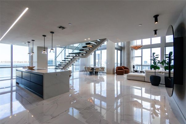 Dining room, Interior, Living room, Marble, Pendant Lights, Recessed Lighting, Water