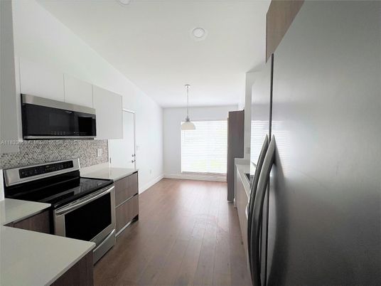 Interior, Kitchen, Pendant Lights, Stainless Steel Appliances, Wood Texture Flooring