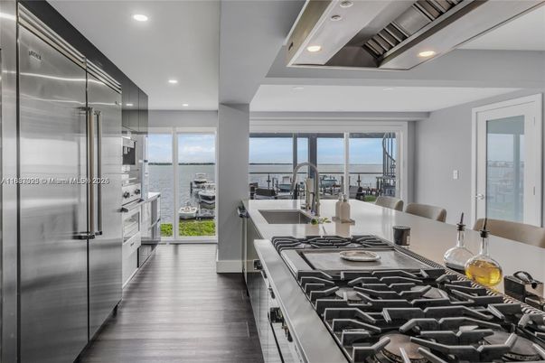Interior, Kitchen, Recessed Lighting, Stainless Steel Appliances, Water, Wood Texture Flooring