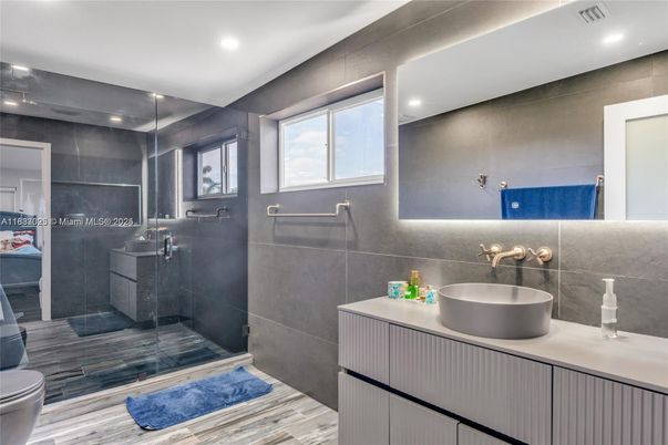 Bathroom, Dual Sink Vanities, Interior, Recessed Lighting, Wood Texture Flooring