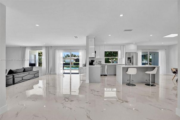 Interior, Kitchen, Marble, Pendant Lights, Recessed Lighting, Stainless Steel Appliances