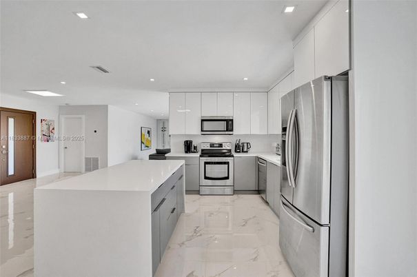 Interior, Kitchen, Marble, Recessed Lighting, Stainless Steel Appliances