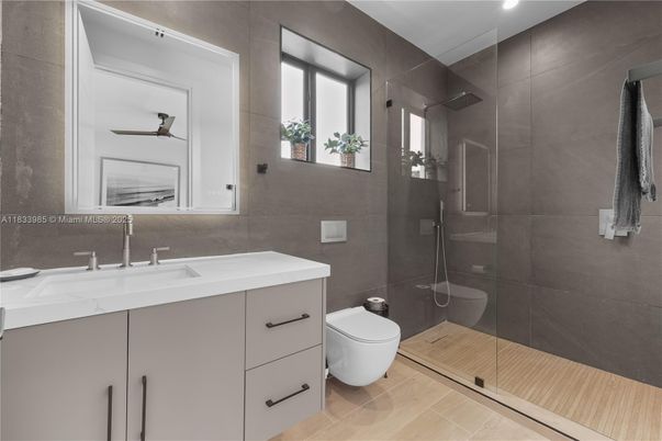 Bathroom, Glass Shower, Interior, Recessed Lighting, Wood Texture Flooring