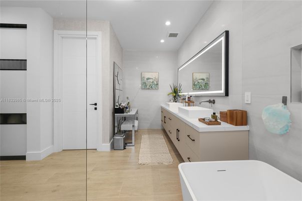 Bathroom, Dual Sink Vanities, Free Standing Baths, Interior, Recessed Lighting, Wood Texture Flooring