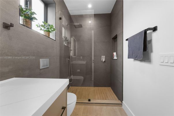 Bathroom, Glass Shower, Interior, Recessed Lighting, Wood Texture Flooring