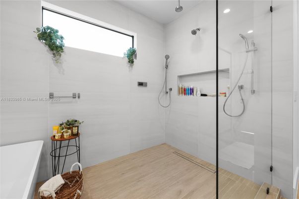 Bathroom, Glass Shower, Interior, Recessed Lighting, Wood Texture Flooring
