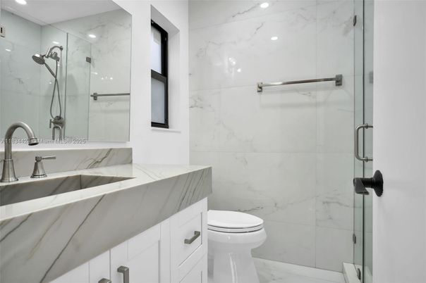 Bathroom, Glass Shower, Interior, Marble, Marble Walls, Recessed Lighting