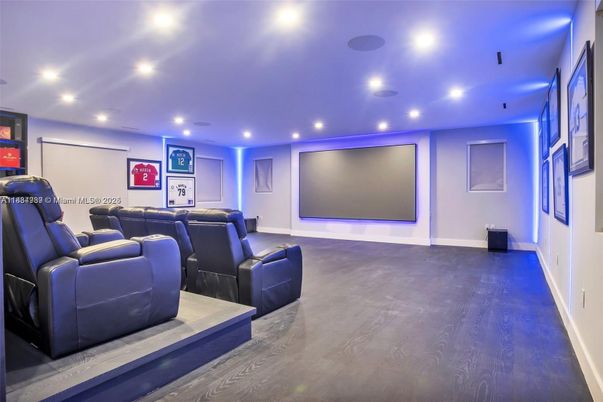 Home Theatre Room, Interior, Projection Screen, Recessed Lighting, Theatre Room, Wood Texture Flooring