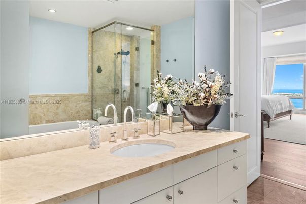 Bathroom, Glass Shower, Interior, Recessed Lighting, Water, Wood Texture Flooring