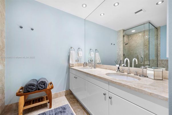 Bathroom, Dual Sink Vanities, Glass Shower, Interior, Recessed Lighting