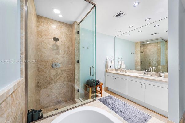 Bathroom, Dual Sink Vanities, Glass Shower, Interior, Recessed Lighting