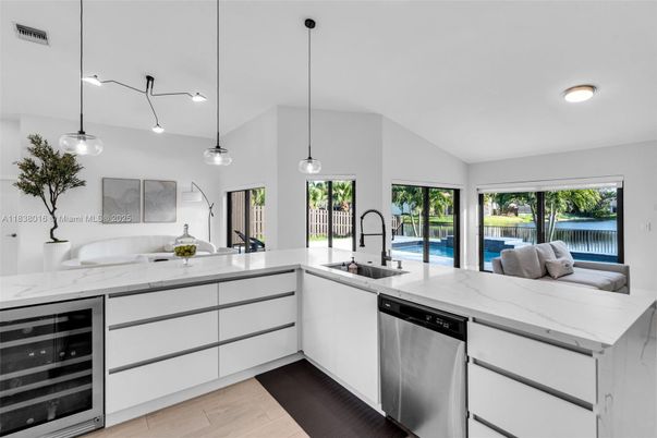 Interior, Kitchen, Pendant Lights, Water, Wood Texture Flooring