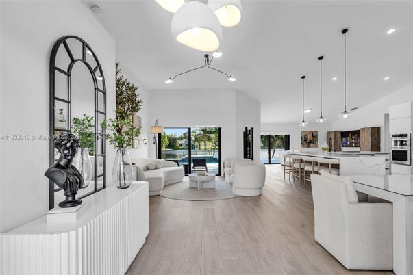 Dining room, Interior, Kitchen, Living room, Pendant Lights, Recessed Lighting, Stainless Steel Appliances, Wood Texture Flooring