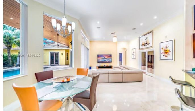 Chandelier, Dining room, Fireplace, Interior, Living room, Pendant Lights, Recessed Lighting, Wooden Ceilings